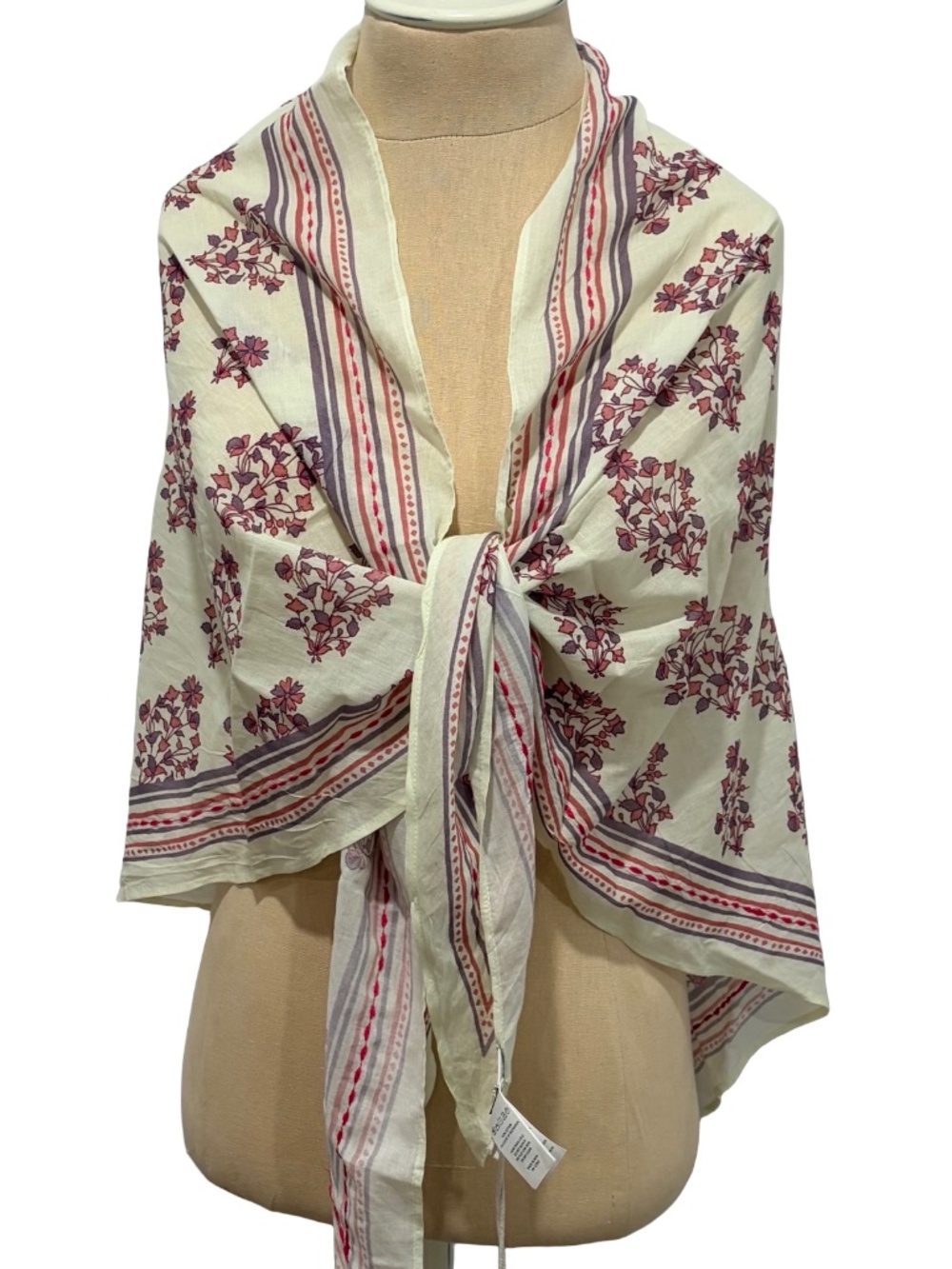 NWT JOIE Soft Cotton White Pink Floral Boho 66" L x 35"W Triangle Scarf India